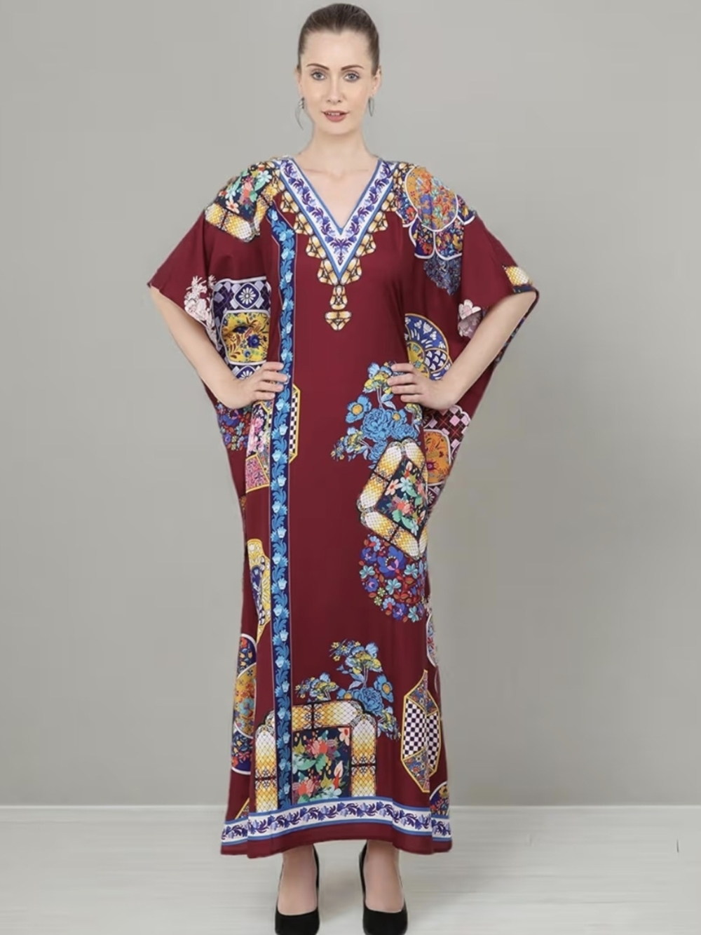 Womens Maroon Floral Maxi Kaftan Dress